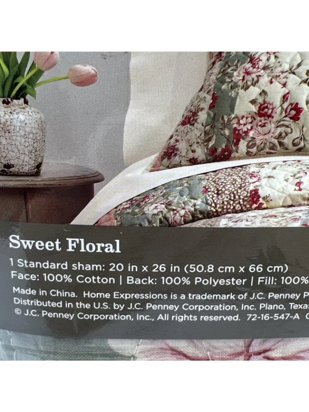 JCPenney Pillow Sham Sweet Floral Green Pink Cottage Standard Quilted